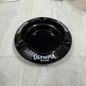 Vintage 1960s Olympia Beer Black Glass Bar Ashtray Retro Collectible Breweriana